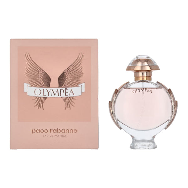 A 1.7oz Paco Rabanne Olympea Eau De Parfum for Women is shown beside its pink box with wing graphics and the Paco Rabanne logo, reflecting the essence of this captivating amber floral fragrance.